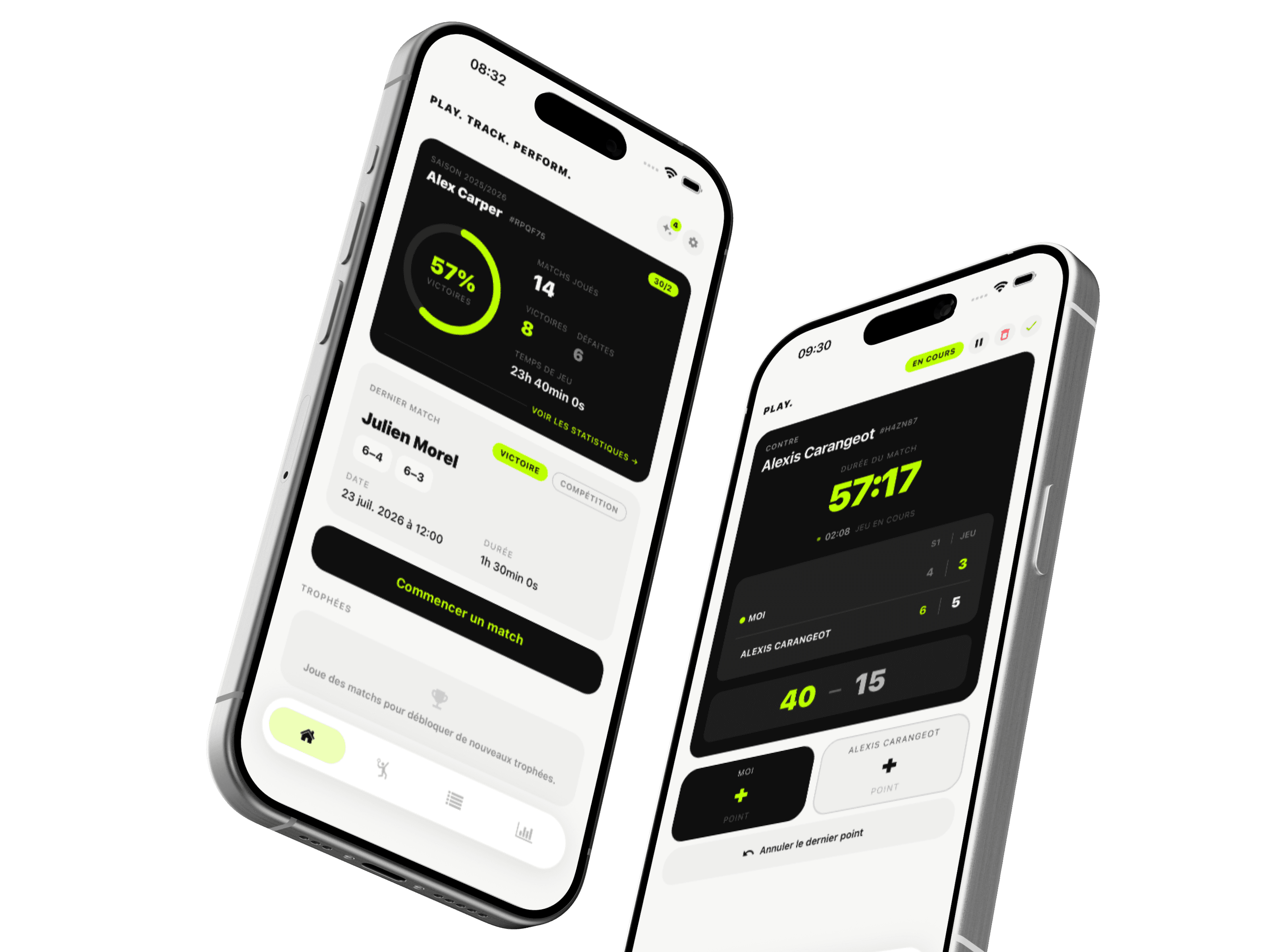 Aperçu de Slace sur deux écrans d’iPhone : suivi de progression et score en direct.