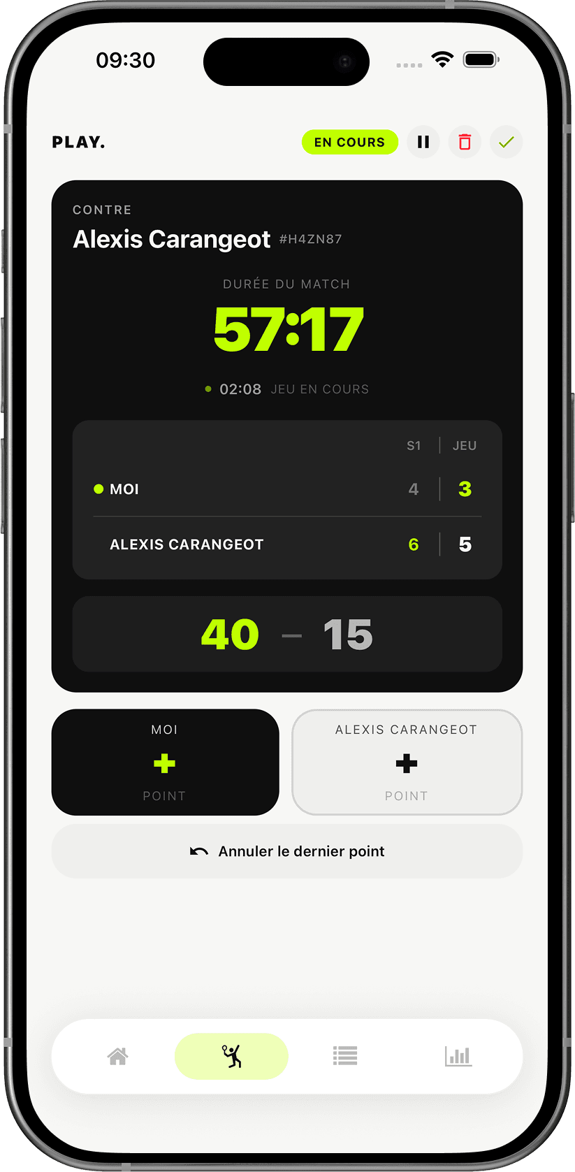 Mock-up de l'écran de score en direct pendant un match dans l'application Slace