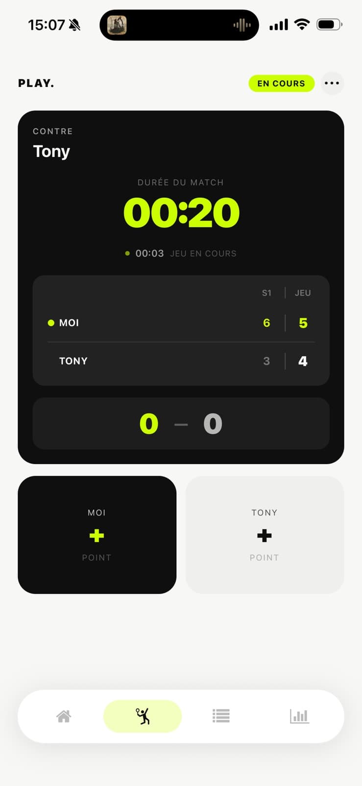 Score en direct pendant un match dans l'application Slace